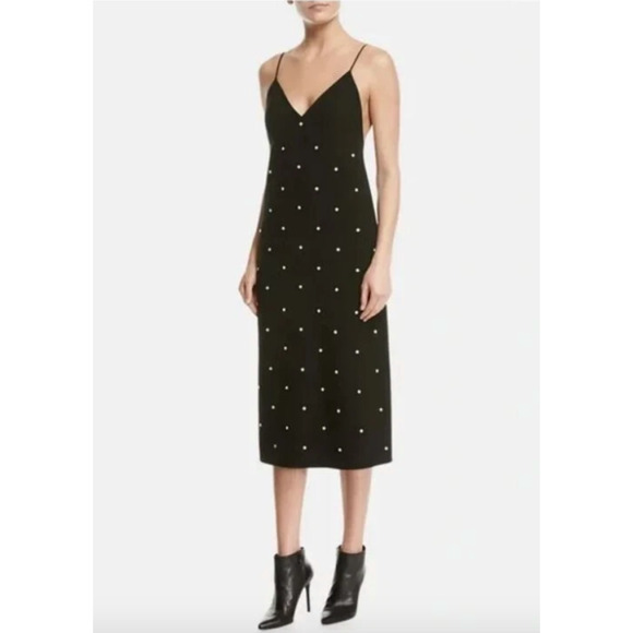 Tibi Neve Dress Black Studded Crepe Midi Slip V-Neck Spaghetti Strap - Picture 1 of 10